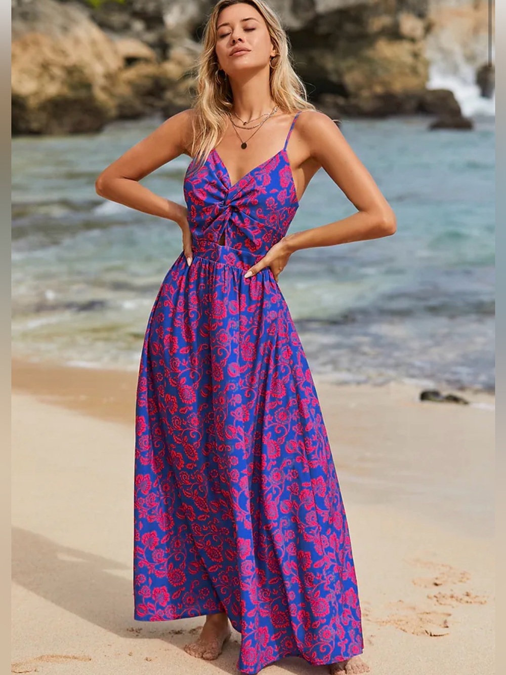 Cupshe Blue & Pink Twist-Front Floral Maxi Dress